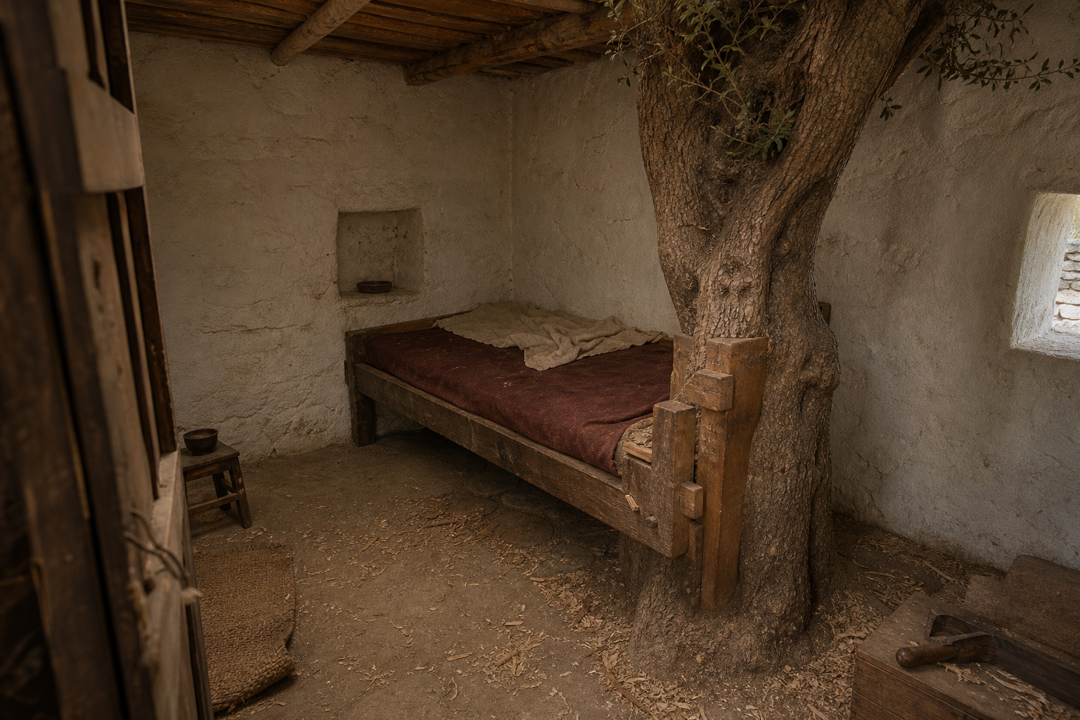 A low wooden bed built around the living trunk of an olive tree inside a quiet stone chamber.