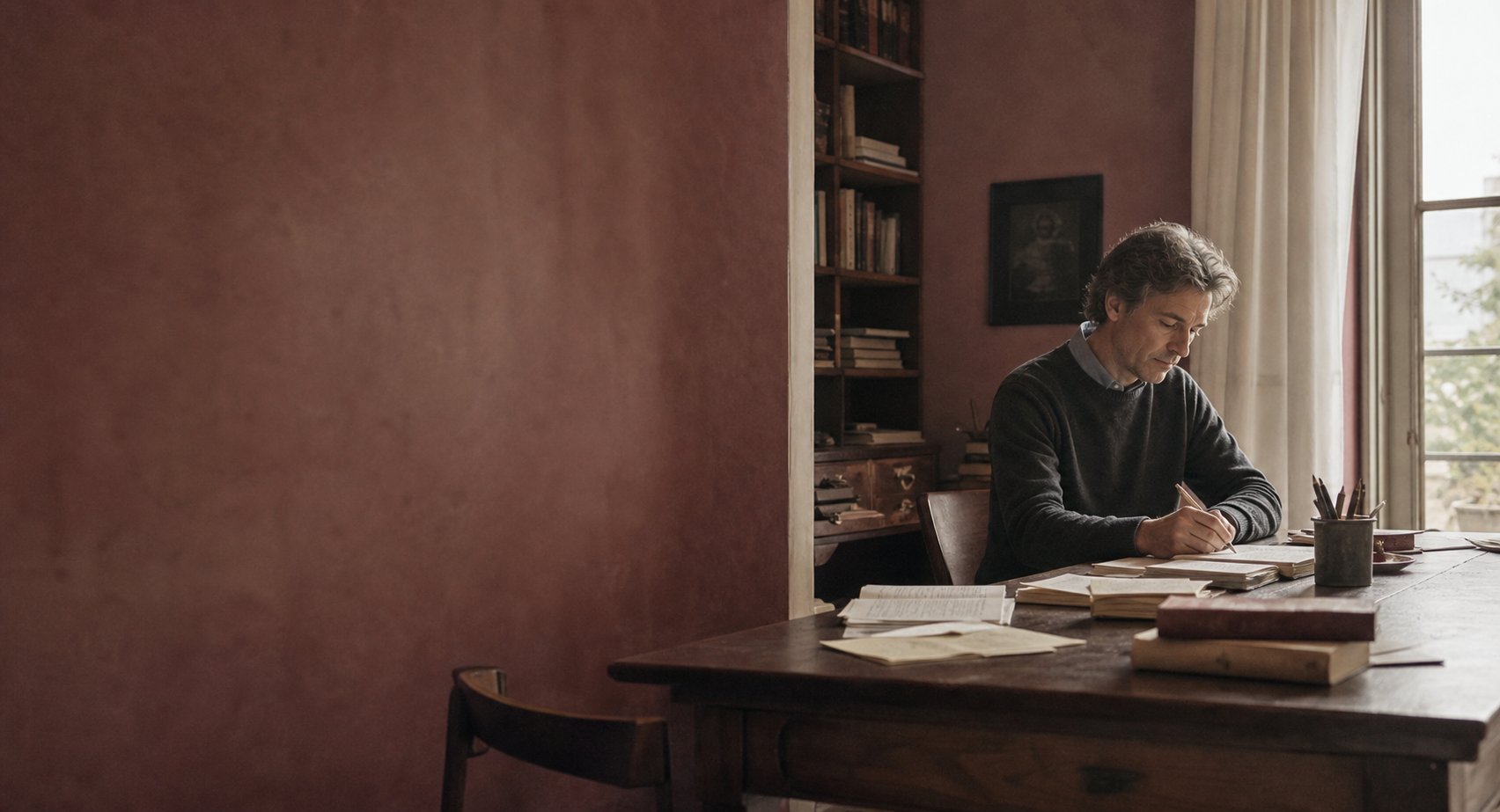A thoughtful person writing beside a window in a softly lit burgundy study